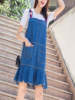 Blue Denim Loose A-Line Fishtail Contrast Strap Pockets Shift Above Knee Dress for Casual