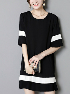 Black and White Loose A-Line Contrast Linking Round Neck Shift Above Knee Dress for Casual Party