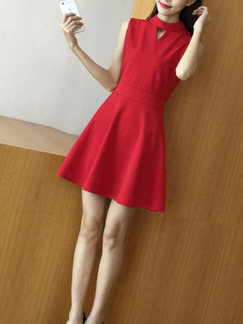 Red Plus Size Slim A-Line Pleated Round Neck Cutout Fit & Flare Above Knee Dress for Casual Party
