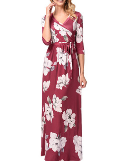 Red and Pink Slim Printed Cross V Neck Band Full Skirt Floral Maxi Dress for Casual Beach