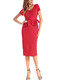 Red Plus Size Slim V Neck Ruffle Band Over-Hip Buttons Sheath Knee Length Dress for Casual Office Evening