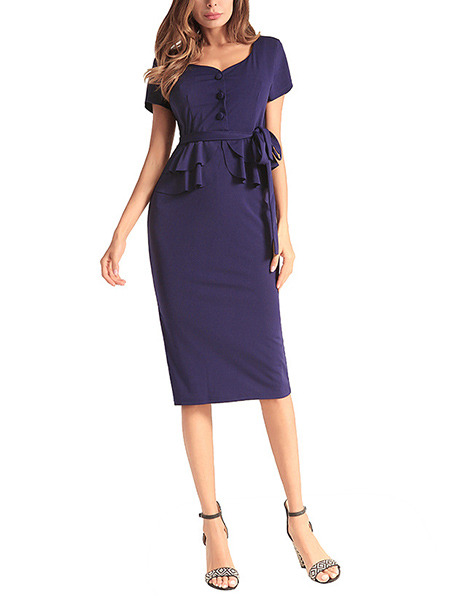Blue Plus Size Slim V Neck Ruffle Band Over-Hip Buttons Sheath Knee Length Dress for Casual Office Evening