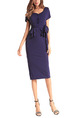 Blue Plus Size Slim V Neck Ruffle Band Over-Hip Buttons Sheath Knee Length Dress for Casual Office Evening