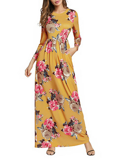 Yellow Colorful Plus Size Slim Printed Round Neck High Waist Pockets Floral Long Sleeve Maxi Dress for Casual Beach Party Evening