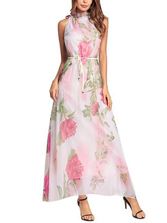 Pink Colorful Chiffon Plus Size Loose A-Line Laced Collar Double Layer Band  Floral Maxi Halter Dress for Casual Party Beach Evening