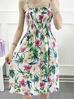 White Colorful Slim A-Line Sling Printed Adjustable Chest Open Back Floral Slip Fit & Flare Dress for Casual Party