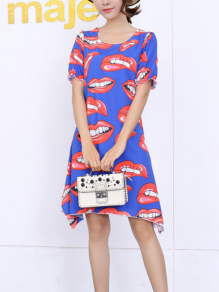 Blue Red and White Slim Printed Above Knee Shift Dress for Casual Party