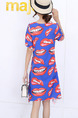 Blue Red and White Slim Printed Above Knee Shift Dress for Casual Party