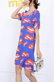 Blue Red and White Slim Printed Above Knee Shift Dress for Casual Party
