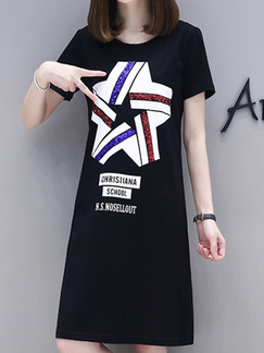 Black Plus Size Slim A-Line Round Neck Contrast Pentagram Letter Printed Shift Knee Length Dress for Casual