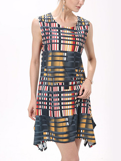 Colorful Slim Contrast Grid Above Knee Shift Dress for Casual Party