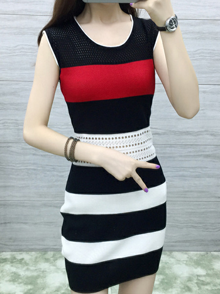 Black White and Red Bodycon Contrast Stripe Above Knee Dress for Casual Party