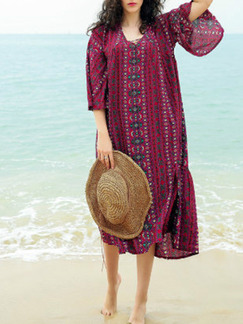 Colorful Loose Printed Midi Shift Dress for Casual Beach