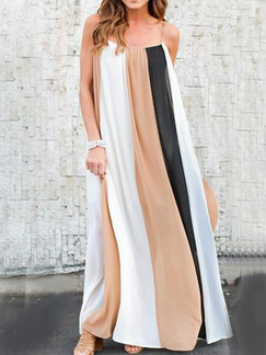White Black and Khaki Loose Contrast Stripe Maxi Slip Dress for Casual Party