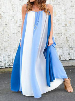 White and Blue Loose Contrast Stripe Maxi Slip Dress for Casual Party