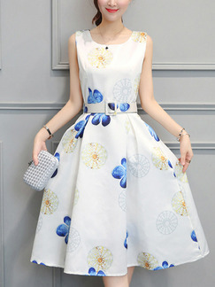 White Colorful Slim Printed Midi Fit & Flare Dress for Casual Party