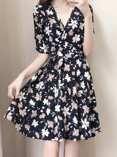 Black Colorful Slim Printed Above Knee Fit & Flare Floral Dress for Casual Party