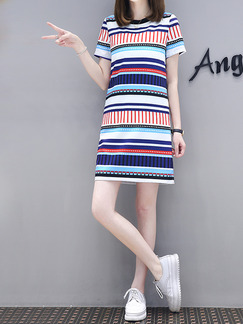 Stripe Slim Contrast Stripe Above Knee Shift Dress for Casual