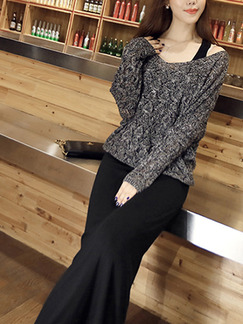 Black and Dark Grey Slim Knitting Maxi Long Sleeve Dress for Casual Party Evening