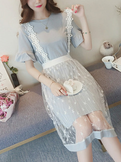 Haze Blue and White Slim Mesh Sleeve Knee Length Fit & Flare Dress for Casual Party