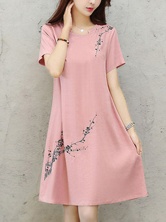 Pink Slim Embroidery Knee Length Shift Dress for Casual Party