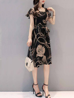 Black Colorful Slim Printed Band Shift Knee Length Dress for Casual Party