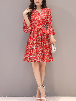 Red Colorful Slim Sleeve Band Above Knee Fit & Flare Dress for Casual Party