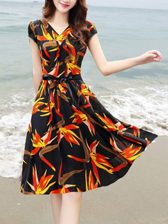 Black Red and Yellow Slim Printed Band Knee Length Fit & Flare Dress for Casual Party