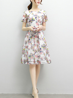 White Colorful Slim A-Line Printed Knee Length Fit & Flare Floral Dress for Casual Party