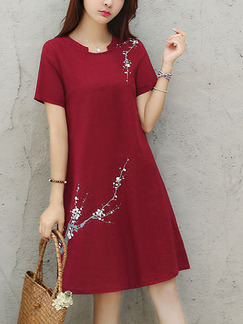 Red Slim Embroidery Knee Length Shift Dress for Casual Party
