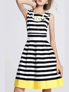 Black White and Yellow Slim A-Line Stripe Above Knee Fit & Flare Plus Size Dress for Casual Party