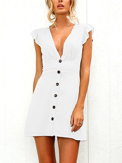 White Bodycon Buttons Above Knee  V Neck Dress for Casual Party Evening