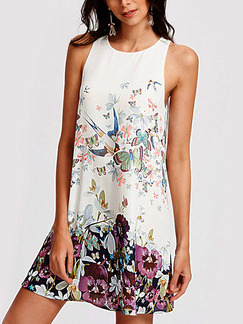 White Colorful Slim Located Printing Above Knee Shift Floral Dress for Casual Party