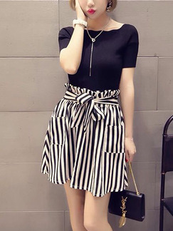 Black and White Slim Contrast Stripe Two-Piece Above Knee Dress for Casual Party