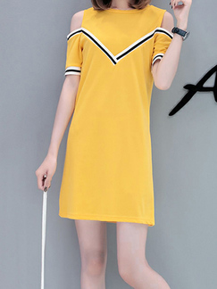 Yellow Slim H-Shaped Linking Stripe Above Knee Shift Dress for Casual Sporty