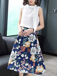 White and Colorful Slim Printed A-Line Two-Piece Midi Floral Plus Size Dress for Casual Party Office