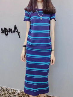 Blue Slim Knitting Stripe Two-Piece Midi Dress for Casual