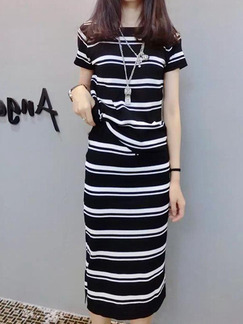 Black and White Slim Knitting Stripe Two-Piece Midi Dress for Casual