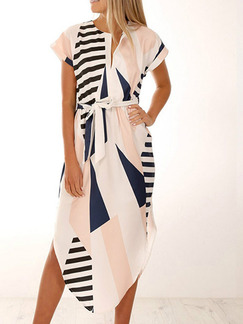 Black White and Pink Loose Geometric Printing Midi Dress for Casual Party