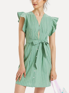 Green Slim Stripe Ruffle Above Knee Shift V Neck Dress for Casual Party