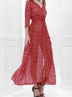 Red Colorful Loose Printed Buttons Maxi V Neck Dress for Party Evening Cocktail