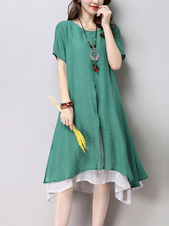 White and Dark Green Loose Double Layer Midi Plus Size Shift Dress for Casual