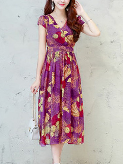 Wine Red Colorful Slim Printed Midi V Neck Plus Size Dress for Casual Party