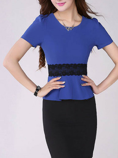 Royal Blue and Black Slim Contrast Over-Hip Above Knee Bodycon Lace Dress for Casual Party Office