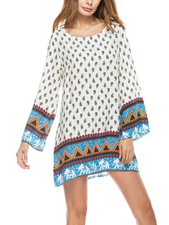 White Loose Printed Above Knee Shift Long Sleeve Dress for Casual Party