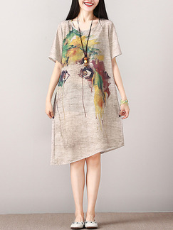 Beige Loose Located Printing Knee Length Shift Dress for Casual