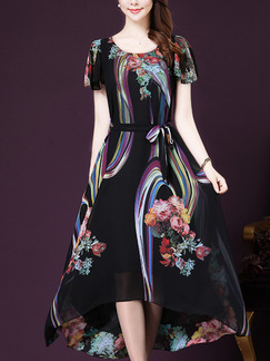 Black Colorful Loose Printed Midi Plus Size Floral Dress for Casual Party Evening