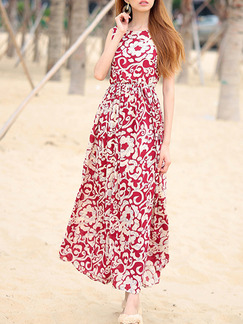 Red Colorful Loose Printed Maxi Fit & Flare Dress for Casual Beach