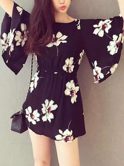 Black Colorful Slim Printed Flare Sleeve Above Knee Fit & Flare Flooral Dress for Casual Party