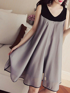 Dark Gray and Black Loose Contrast Linking Knee Length Shift Plus Size Dress for Casual Party